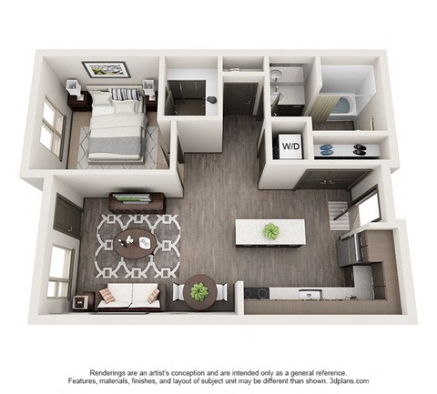Floor plan for 1 bed, 1 bath, 647 sqft